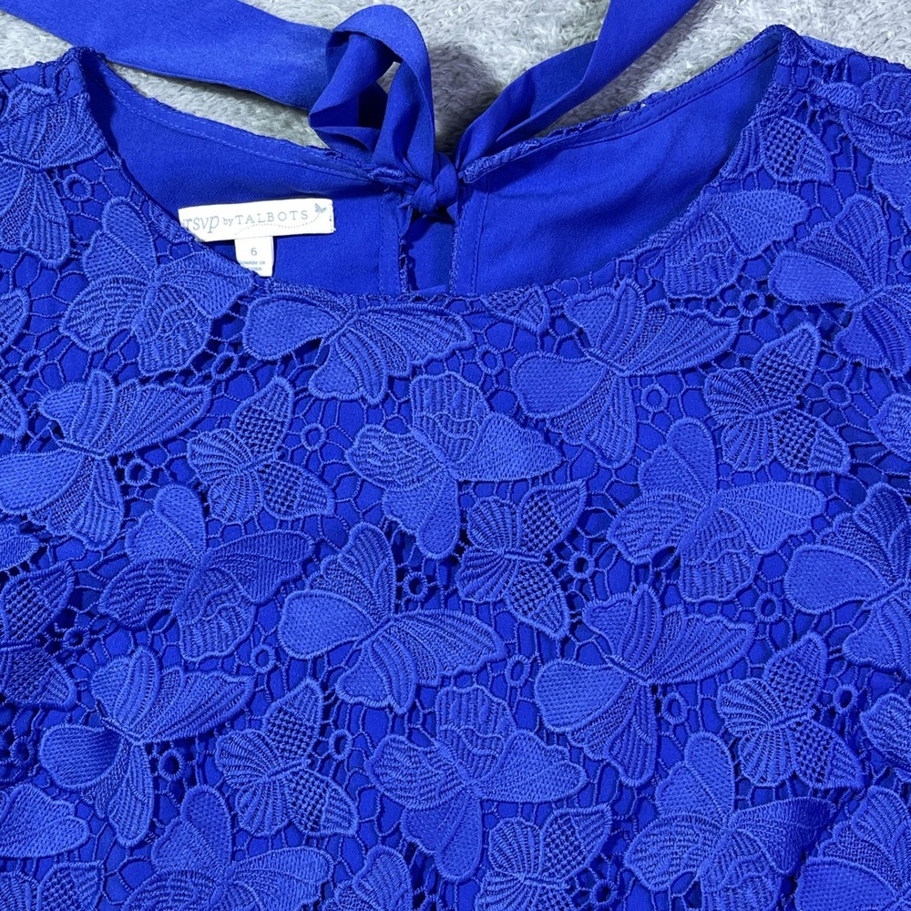 rsvp by Talbots Blue Butterfly Lace Women's Top Tassel Hem Tie Back Short Sleeve